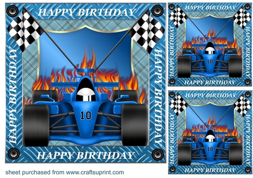 3 Blue birthday racing car card front/toppers
