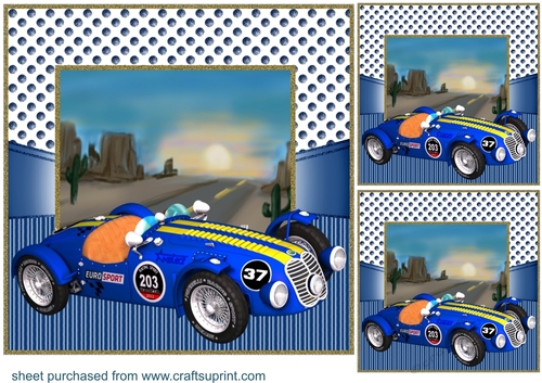 3 Classic blue sports car card front/toppers