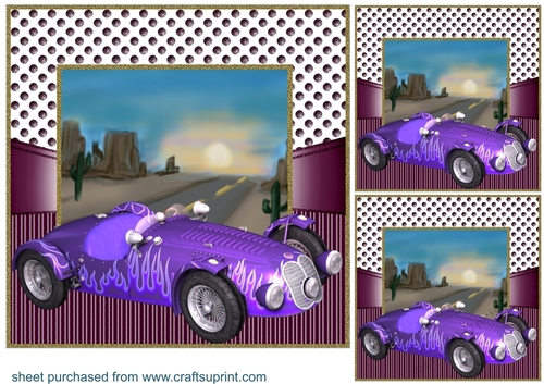 3 Classic purple sports car card front/toppers 1