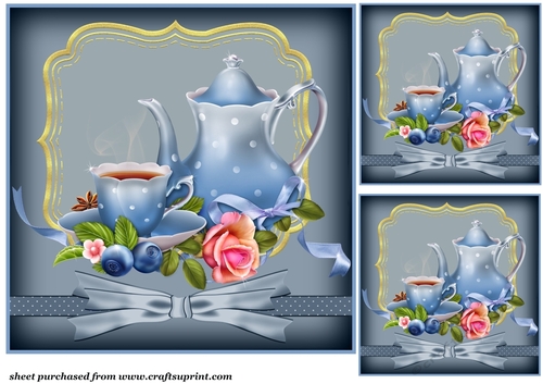 3 Blue floral tea set card front/toppers
