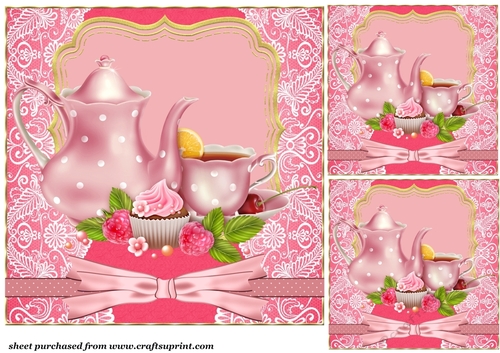 3 Pink tea set card fron/toppers