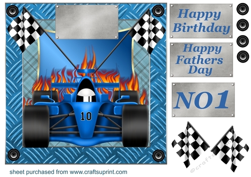 Blue racing car card front