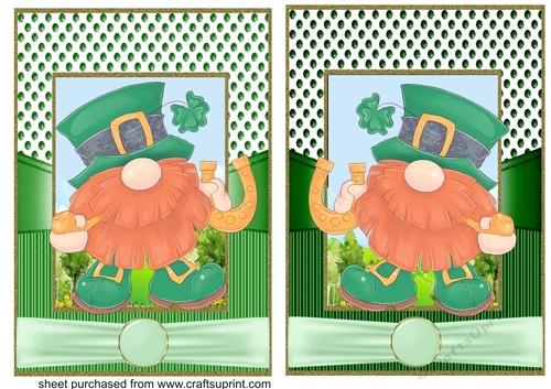 2 Green St Patricks Day gnome card fronts/toppers