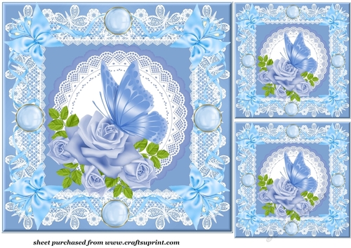 3 Blue butterfly and rose card front/toppers