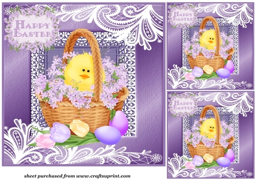 3 Lilac Easter chick in basket card frot/toppers