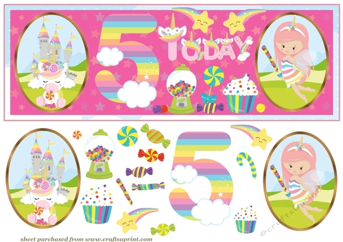 Pink age 5 Birthday unicorn card front