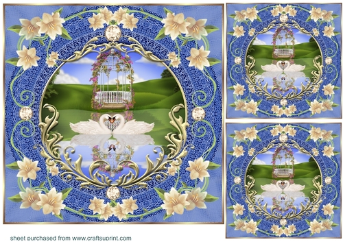 3 Blue floral swan card front/toppers