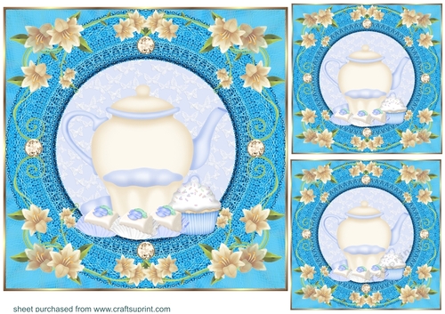 3 Blue floral afternoon tea card front/toppers
