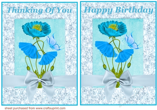 Thinking of you and Happy Birthday blue poppy card fronts