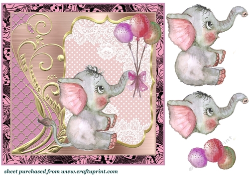 Pink Elephant with balloons card front