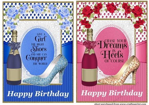 2 Happy Birthday shoe and champagne card fronts