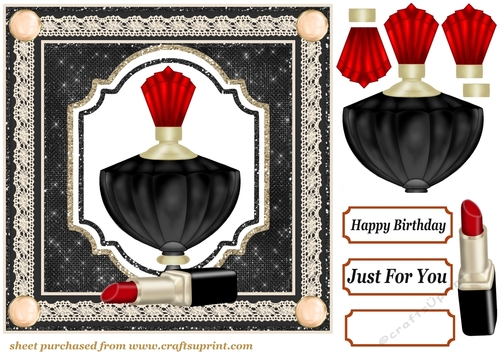 Red and black perfume and lipstick card front