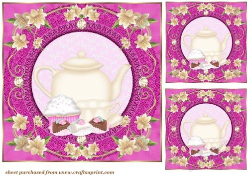 3 Pink floral afternoon tea card front/toppers