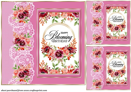 3 Happy Blooming Birthday card fronts/toppers(pink 1)