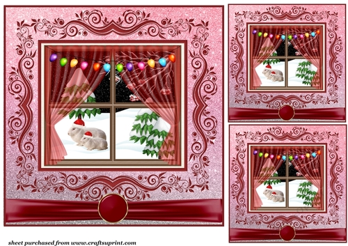 3 Red Christmas widow with rabbits card front/toppers