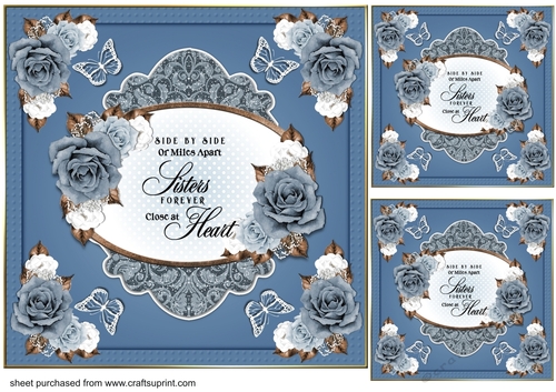 3 Blue and white rose Sister verse card front/toppers