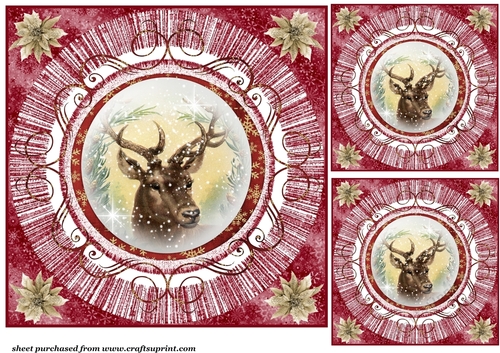 3 Red vintage Christmas deer card front/toppers 1