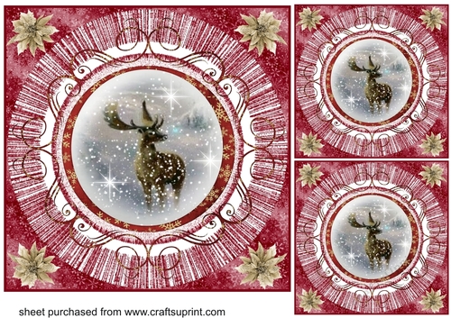 3 Red vintage Christmas deer card front/toppers 2