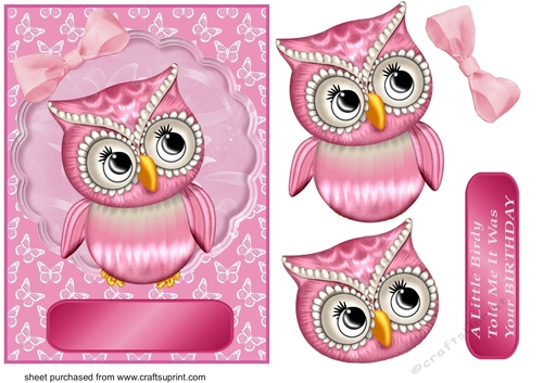 Pink owl birthday card front