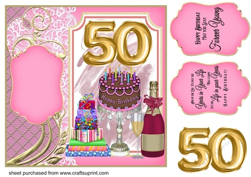 Age 50 Champagne,cake and presents card front