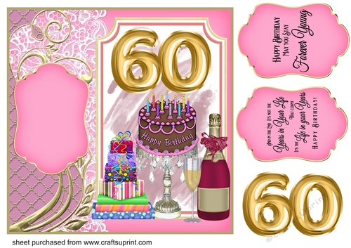 Age 60 Champagne,cake and presents card front