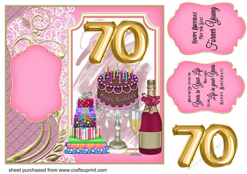 Age 70 Champagne,cake and presents card front
