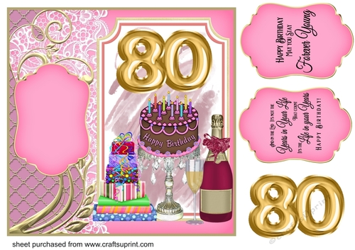 Age 80 Champagne,cake and presents card front