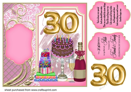 Age 30 champagne cake and present card front