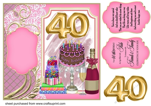 Age 40 champagne cake and present card front