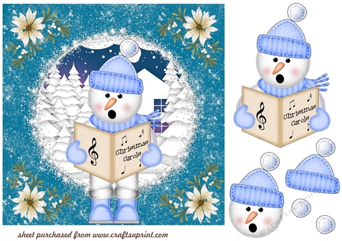 Blue Christmas caroler snowman card front