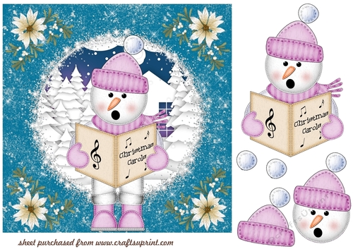 Pink Christmas caroler snowman card front