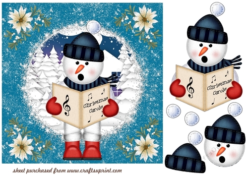 Black and blue Christmas caroler snowman card front