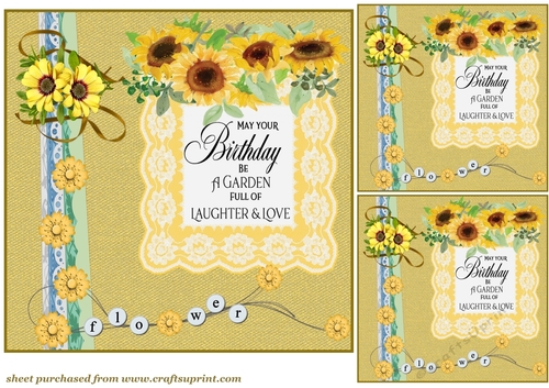 3 Yellow floral border Birthday sunflower card front/toppers 1