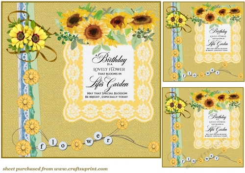 3 Yellow floral border Birthday sunflower card front/toppers 2