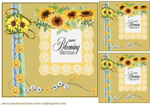 3 Yellow floral border Birthday sunflower card front/toppers 5