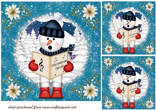 3 Blue and black snowman Christmas caroler card front/toppers