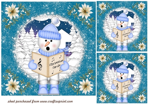 3 Blue snowman Christmas caroler card front/toppers