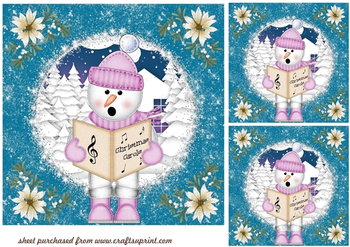 3 Pink snowman Christmas caroler card front/toppers