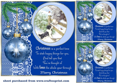 3 Blue Christmas baubles with scene card front/toppers(value sheet)1
