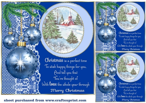 3 Blue Christmas baubles with scene card front/toppers(value sheet)2