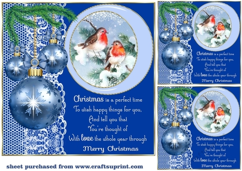 3 Blue Christmas baubles with scene card front/toppers(value sheet)3