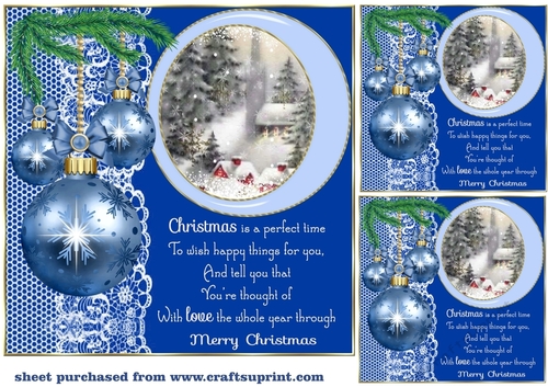 3 Blue Christmas baubles with scene card front/toppers(value sheet)4