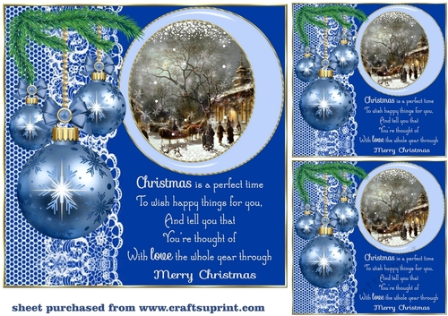 3 Blue Christmas baubles with scene card front/toppers(value sheet)6