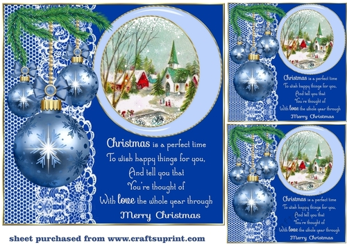 3 Blue Christmas baubles with scene card front/toppers(value sheet)7