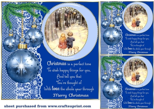 3 Blue Christmas baubles with scene card front/toppers(value sheet)8