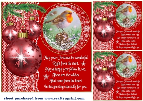3 Red Christmas robin bauble card front/toppers(value sheet) 1