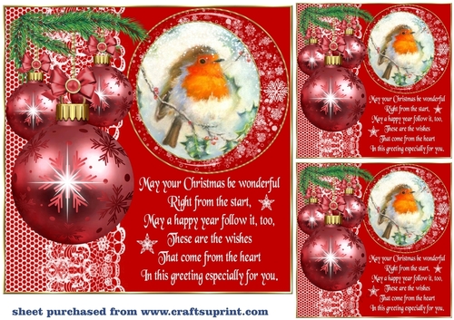 3 Red Christmas robin bauble card front/toppers(value sheet) 2