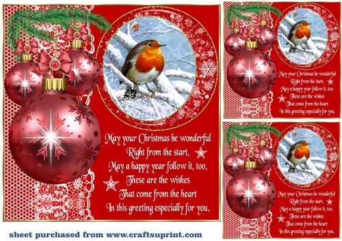 3 Red Christmas robin bauble card front/toppers(value sheet) 3