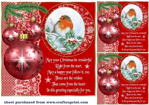 3 Red Christmas robin bauble card front/toppers(value sheet) 5
