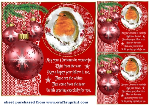 3 Red Christmas robin bauble card front/toppers(value sheet) 6